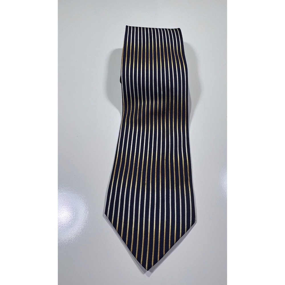 Alfred Granai Italy Mens Silk Necktie Navy Blue Gold White Vertical Stripe Tie